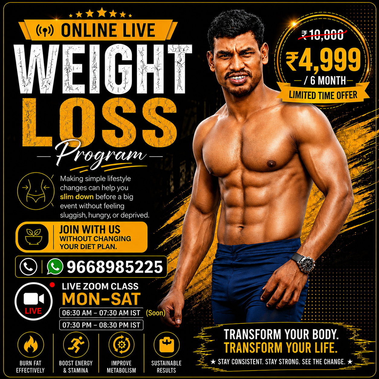 Premium Weight Loss Program — ₹4,999 for 60 days, live Zoom Mon–Sat 7:30–8:30 PM IST